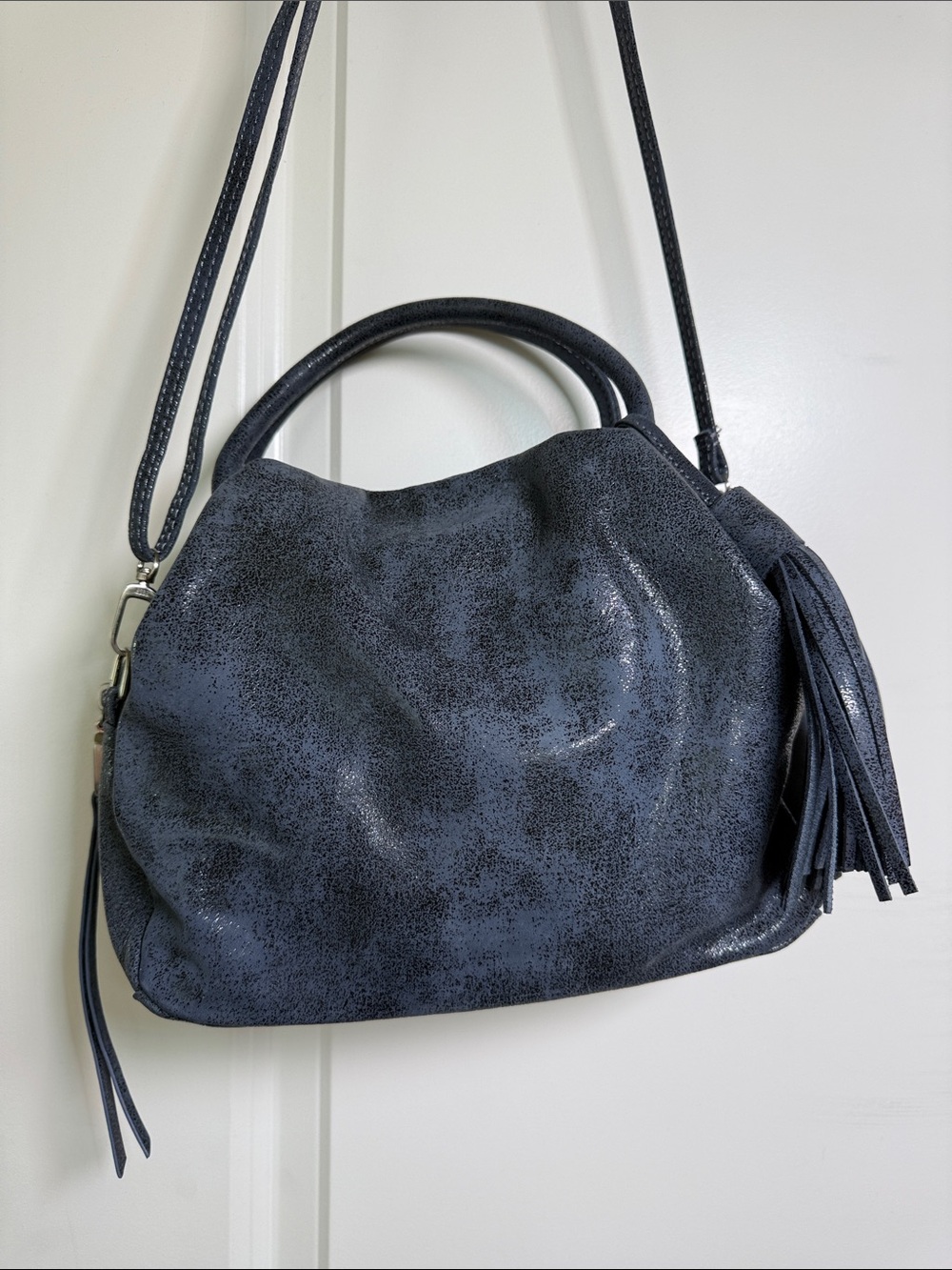 HOBO Textured Navy Silvery Shoulder Bag with Tassel Accent